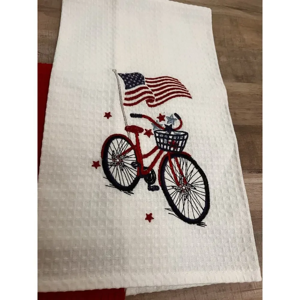 Patriotic Kitchen Towels Set 2 Red‎ White Bicycle American Flag Picnic July 4th